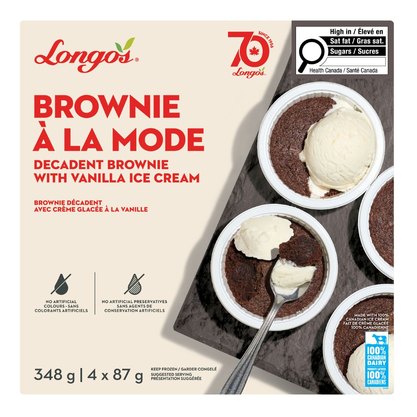 Longo&rsquo;s Brownie &agrave; la Mode dessert, decadent chocolate brownie topped with vanilla ice cream, 4‑pack 348 g.